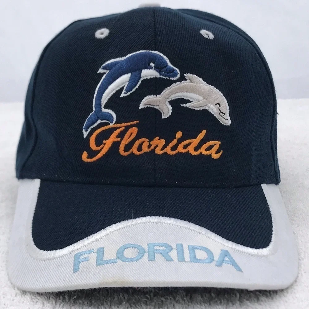 Florida type with Dolphin Art Adjustable Blue White Travel Beach Baseball Cap